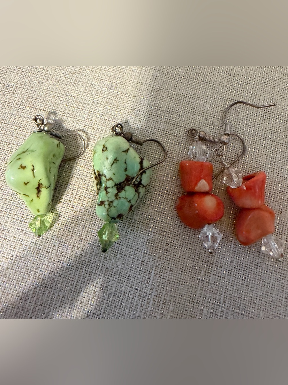 Two Pair Stone Drop Earrings with Green Crystal Accent